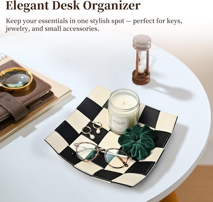 MSJGA Black and White Checkered Valet Tray PU Leather Key Holder Bowl for Women and Men Entryway Table Nightstand Desk Tray for Wallet, Keys Men's Gift - 9.8" L x 9.8" W x 2" H