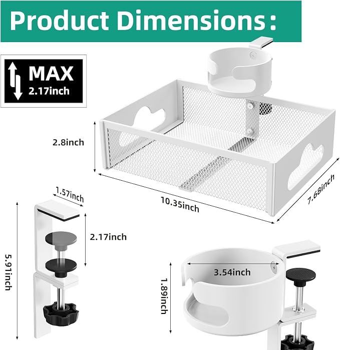 CABTE Desk Cup Holder with Drawer Organizer, Anti-Spill Clip-On Table Cup Hook with 360° Rotation Hidden Storage Box for Office Home Gaming Table (White)