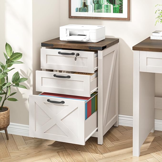 Halitaa 3 Drawer Small File Cabinet with Lock, Farmhouse Vertical Filing Cabinet Fits Letter and A4 Size, Under Desk Wooden File Cabinets for Home Office, Printer Stand, Rustic White