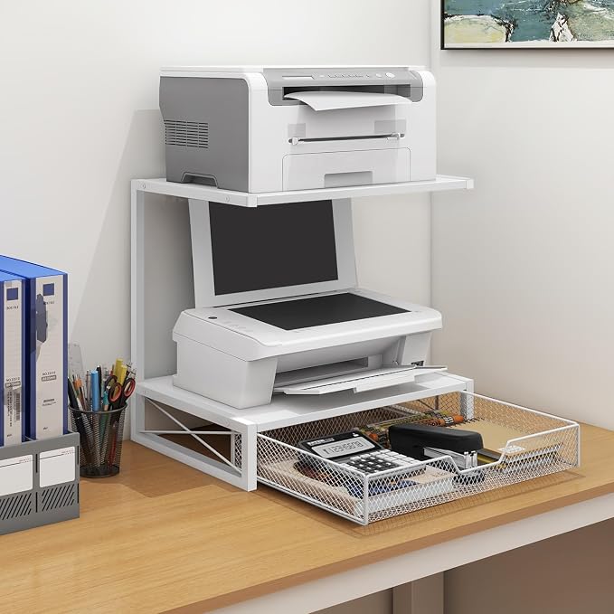 ELITEROO Printer Stand for Desk with Storage Drawer, 2 Tier Desktop or Under Desk Shelf, Wood Desktop Organizer for Home Office, Fits 3D Printer, Scanner, Fax Machine, Cricut, White