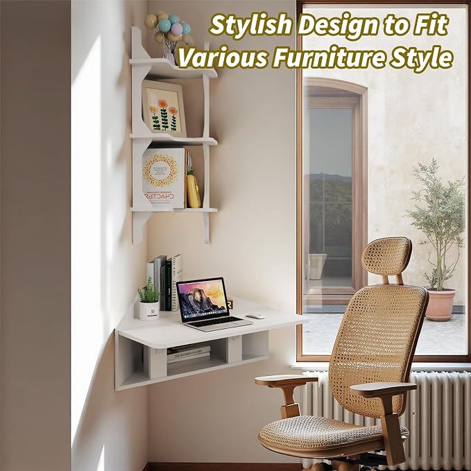 Pmnianhua Floating Corner Desk,Wall Mounted Table with Shelves,Folding Corner Shelf,Wall Corner Shelf for Small Space Computer(Grayish White)