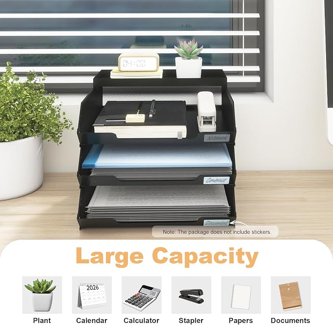 Natwind 3 Tier Stackable Paper Trays for A4 File,Desktop File Organizers for Office Supplies,Metal Mesh Desk Organizer,Mail Sorter Paper Tray with Top Tray,Letter Trays for Home,Office,School,Black