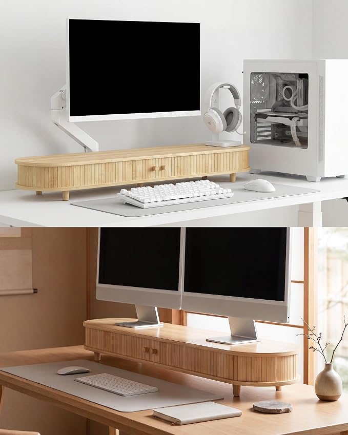 Bamboo Dual Monitor Stand with Storage, Curved Double Computer Laptop Stand Desk Shelf Organizer with Sliding Doors (42 inch)