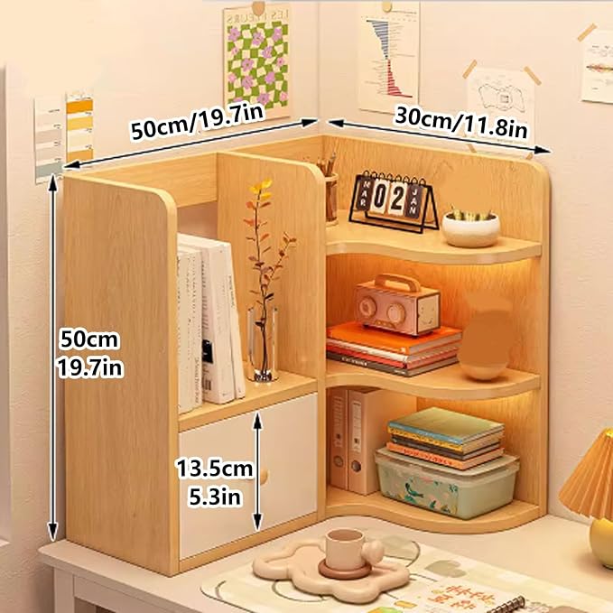 Corner Desk Shelf Organizer – 3-Tier Wooden Desktop Bookshelf, Freestanding Display Rack for Home Office, Dorm, American Style Storage Shelf(Natural,49x30cm/19.7x11.8in)