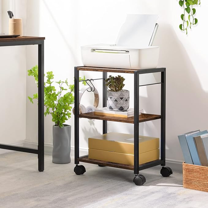 MAHANCRIS Printer Stand, 3-Tier Under Desk Rolling Cart with Storage Shelf, Heavy Duty Printer Table with Wheels for Home and Office, Printer Shelf with 2 Hooks, Small Spaces, Rustic Brown PTHR4001Z