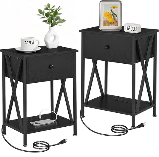 VECELO Nightstand Set of 2,End Tables with Charging Station,Bed Side Table with Open Shelf &USB Ports & Outlets,Small Dresser for Bedroom, Living Room,Black