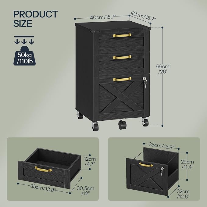 HOOBRO 3 Drawer File Cabinet with Lock, Mobile Farmhouse Filing Cabinet for A4/Letter Size, Under Desk Rolling Office Cabinet, Printer Stand with Storage for Home Office, Black BK67WJ01