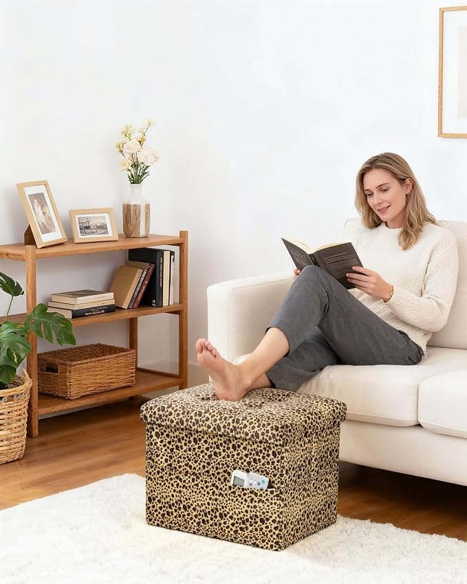 Bsketa Storage Ottoman Foot Rest Stool, Small Velvet Storage Ottomans Bench, Folding Footstool with Side Pockets, Foot Rest Under Desk for Living Room Bedroom, 17x13x13 in, Leopard Print