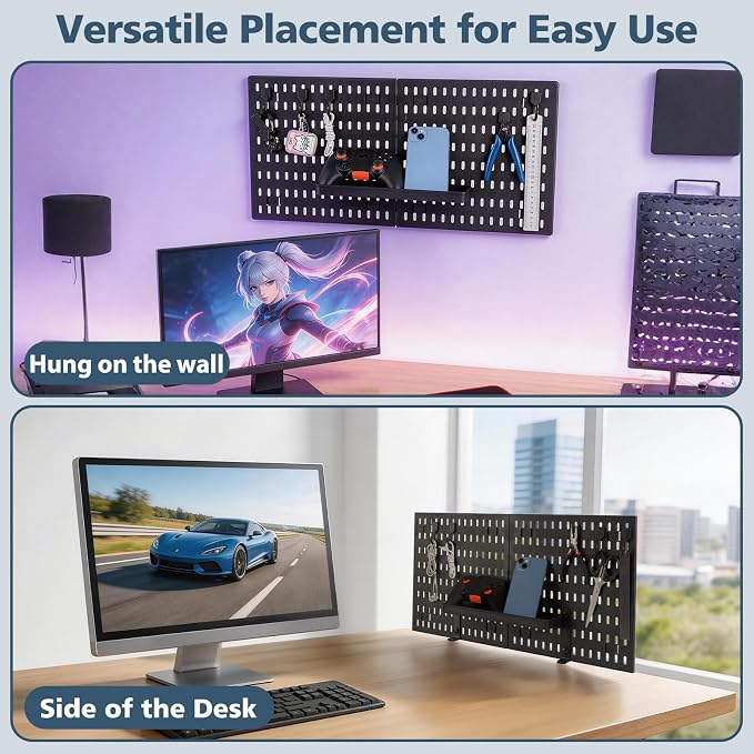 Gaming Desk Organizer - Clamp-on Desk Pegboard, No Drill Desk Side Storage with 5 Hooks and 1 Tray, Detachable Gaming Pegboard for Office & Home Desktop Organizer