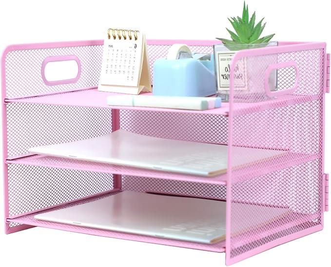 3 Tier Lettrer Tray Organizer with Handle, Metal Mesh Desk File Organizer with Sliding Trays, Paper Sorter Desk for Home Office School, Pink