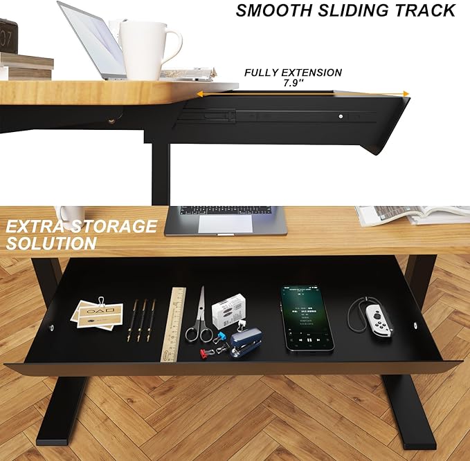Large Under Desk Mounted Sliding Drawer with 2 Cable Hole and 60 Degree Tilt Panel to Pull Out, 22.4'' Long & 9.2'' deep Large Storage Organizer for Sit Stand Workstation