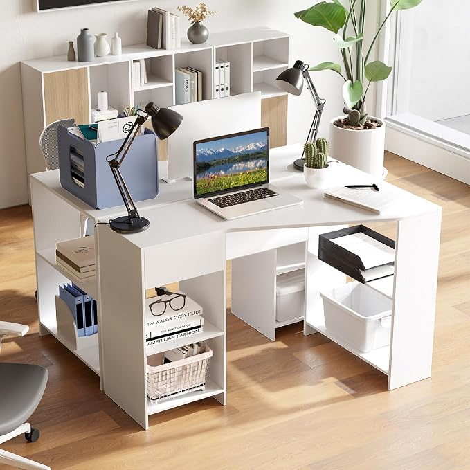 Tangkula White Desk with Storage Drawer & 4 Shelves, Space Saving Corner Desk for Small Spaces, Modern Home Office Laptop Workstation, Writing Study Table, Vanity Table for Bedroom (White)