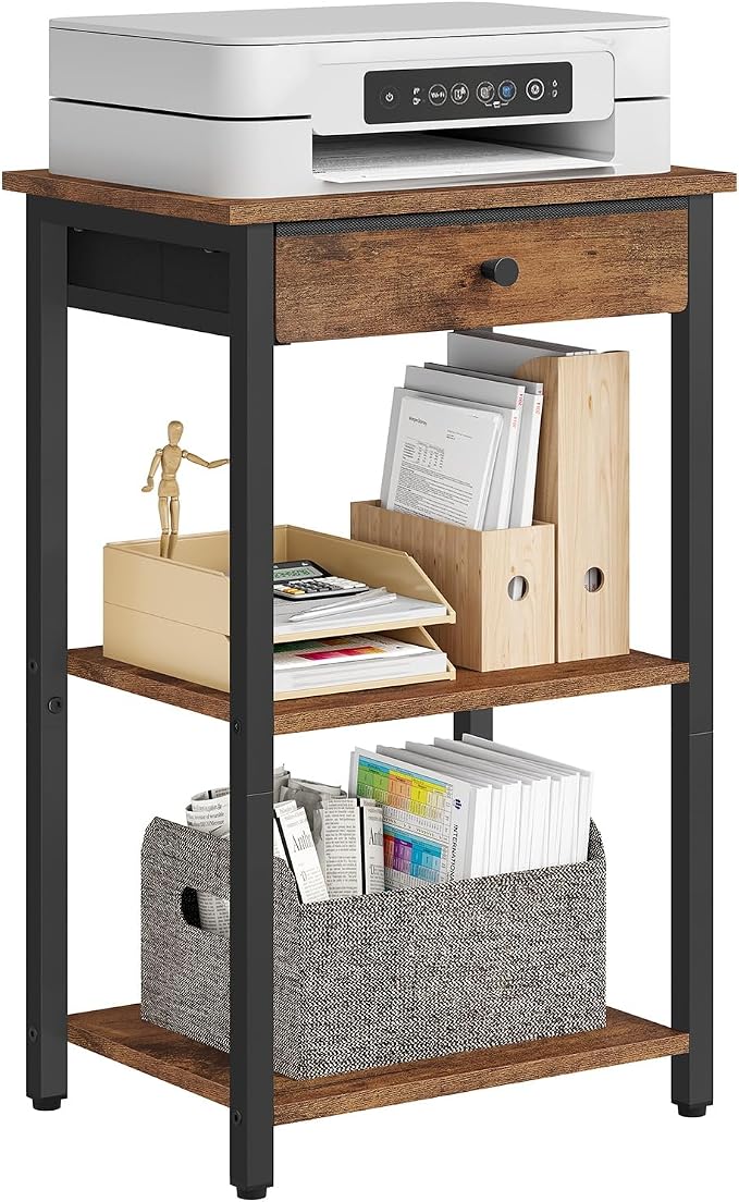 Gewudraw Printer Stand with Storage Drawer, 3-Tier Under Desk Printer Table, End Table for Home Office, Living Room, Bedroom, Brown