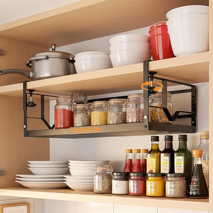 WELTOKE Under Shelf Storage Basket Organizer, Expandable Under Cabinet Shelf,Heavy Duty Metal Cabinet Hanging Shelf For Kitchen Cupboard Cabinet Pantry Laundry Desk Bookshelf Garage, Black(1 Pack)