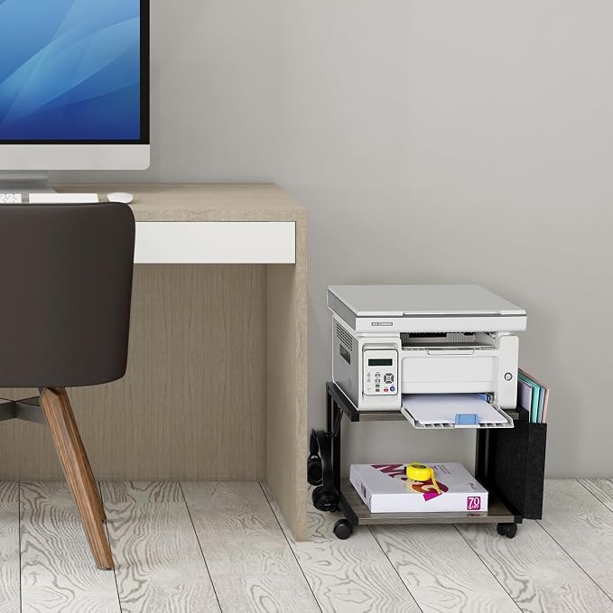 BTY Printer Stand Under Desk Printer Table with Storage Small Printer Cart with Wheels 2 Tier Desktop Printer Stands for Home Office Fax Machine Scanner Files (Grey)