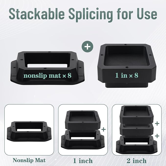 BTSD-home Adjustable Bed Risers 1 Inch Heavy Duty 8 Pack Furniture Risers Dorm Bed Risers Table Desks Legs Extenders Blocks Black