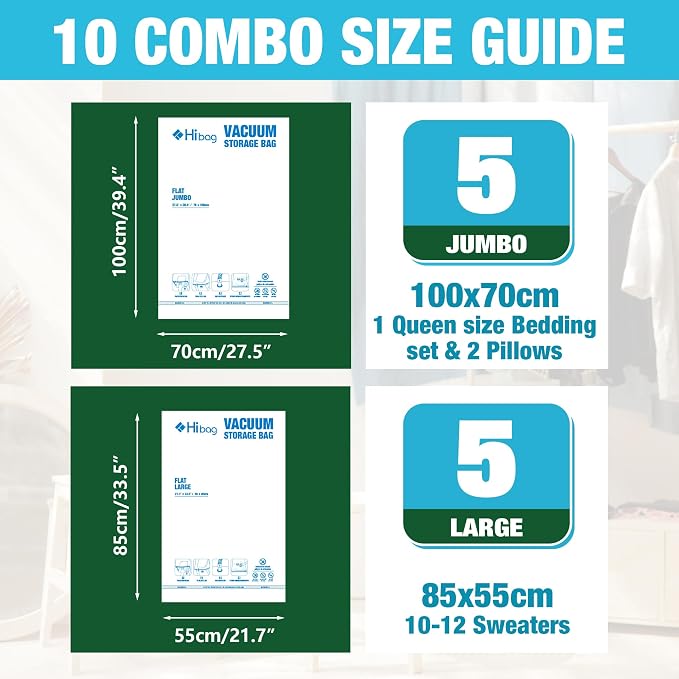 HIBAG Vacuum Storage Bags, 10 Space Saver Bags, Polyethylene (PE), Jumbo & Large Sizes, Zipper Closure, Vacuum Sealed, Ideal for Clothing & Bedding