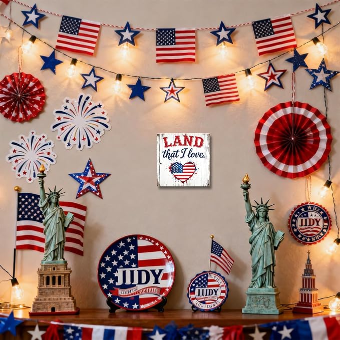 Patriotic Wooden Box Sign,Land That I Love 4th Of July Signs Home Decor,Independence Memorial Day Block Sign for Desk Shelf Tabletop Decor