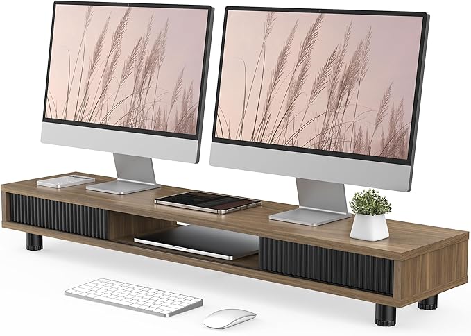Fenge Dual Monitor Stand, 42.5inch Long Monitor Stands Riser for 2 Monitors, Glass Sliding Door with Storage Organizer Stand for Desk, 2 Tier Desk Shelf for Laptop, Pc, Printer, Computer, TV