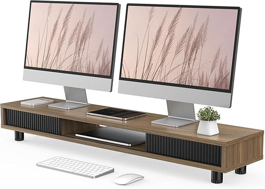 Fenge Dual Monitor Stand, 42.5inch Long Monitor Stands Riser for 2 Monitors, Glass Sliding Door with Storage Organizer Stand for Desk, 2 Tier Desk Shelf for Laptop, Pc, Printer, Computer, TV