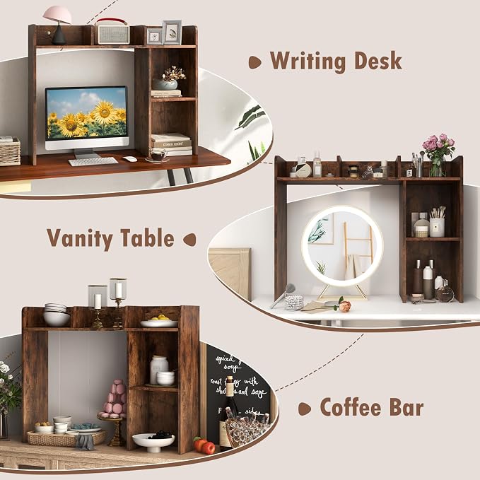 Giantex Desktop Bookshelf, Wood Desk Hutch Organizer for 27 Inch Computer Monitor, Countertop Storage Display Rack with 5 Shelves, Multipurpose Desktop Shelf Bookcase for Dorm Office Home, Brown