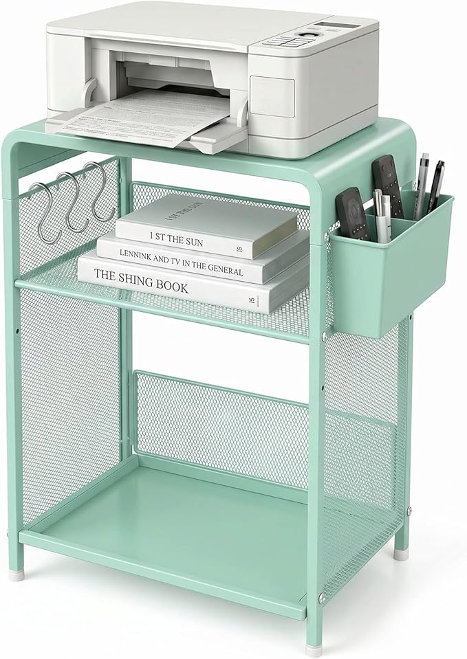 ECOLOVI 3 Tier Printer Stand for Under Desk, Height Adjustable Shelf Small Printer Table with 3 S-Hooks & Basket, Heavy Duty Industrial Storage Shelf for Home Office (Green Metal)