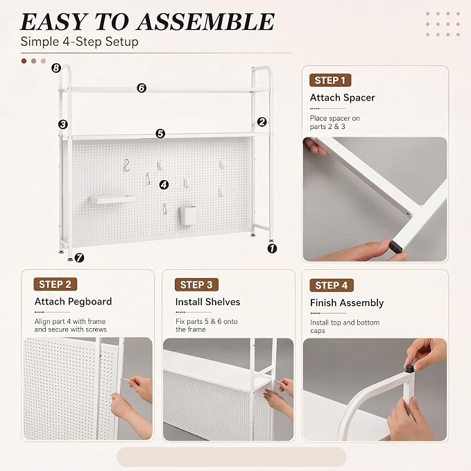 Leinuosen Desktop Shelf for Dorm Desk Hutch Bookshelf with Pegboard and Hooks 2 Tier Organizer Countertop Storage Bookcase Metal Hutch Display Rack with Hooks for Home Office College Dorm
