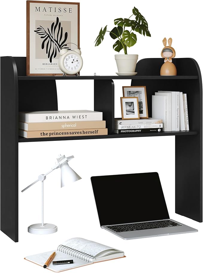 Wooden 3-Tier Desktop Bookshelf, 37" Rounded-Edge Desk Storage Organizer, Space-Saving Countertop Shelving Unit for Home, Office & Dorm, Black
