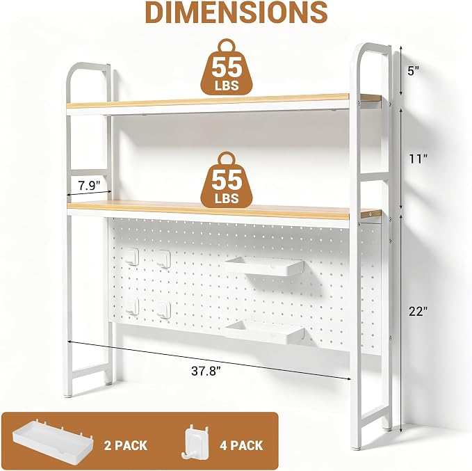 deli Desktop Shelf, Desk Hutch with Grid Panel, Desktop 2-Tier Display Rack, Multipurpose Metal Desktop Bookshelf Storage Organizer, White