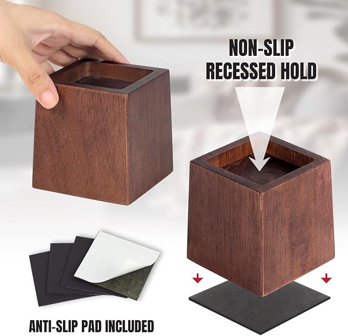3 Inch Height Heavy Duty Wood Bed Risers – 8 Pack Wood Furniture Risers Extenders for Bed, Sofa&Table, Support Up to 2200lbs, Non-Slip Recessed Hole Furniture Lifts for Storage (Retro Brown Color)