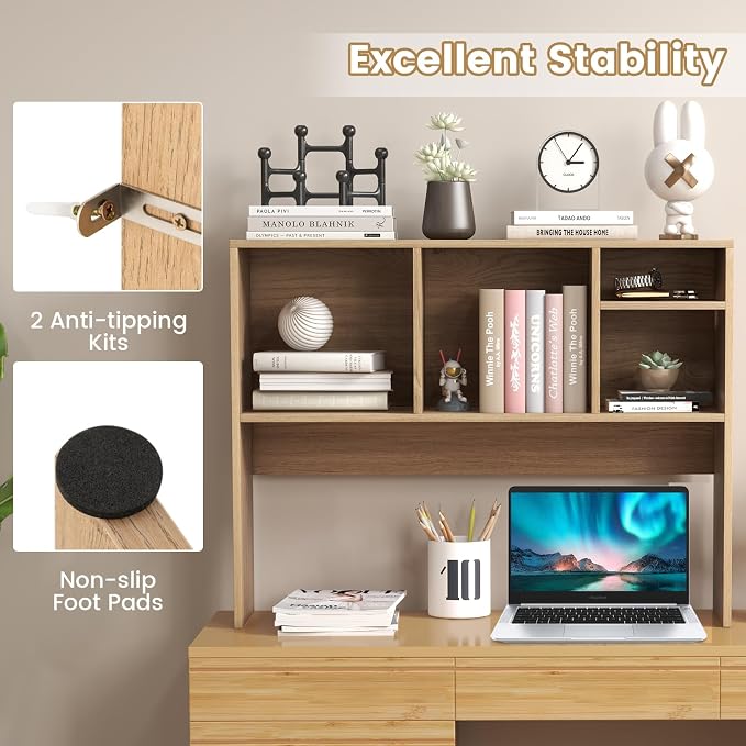 Giantex Desktop Bookshelf, Countertop Storage Hutch with 4 Shelves for Computer Desk, Dressing Tabletop Display Rack, Multipurpose Desk Hutch Storage Organizer for Home Office Dorm, Natural