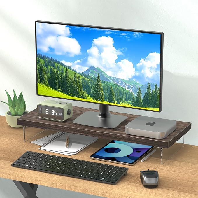 Monitor Stand Riser, Wood & Acrylic Computer Monitor Stand Desk Desktop Organizer Table for Home, Office Workspace, Laptop Riser, Printer, PC & TV Screen Riser