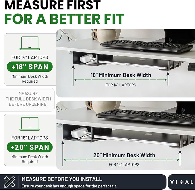 VI+AL Under Desk Laptop Mount - Hidden Metal Shelf with Side Storage - Installs with Tape & Screws - Fits Devices up to 1.7" Thick - Standard (No Hook or Cable Organizer)