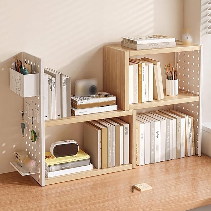 Desk Organizer Shelf, Space-Saving with Side Pegboards Retractable Suitable for Corners Stable, Desk Storage for Dormitories Bedrooms Offices(White Brown)