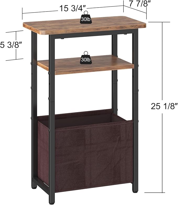 sthmec Narrow Side Table, Skinny End Tables with Fabric Basket, Small Side Tables for Small Space, 2-Tier Open Shelves with Basket, Slim Nightstands for Bedroom,Living Room,Office, Rustic Brown