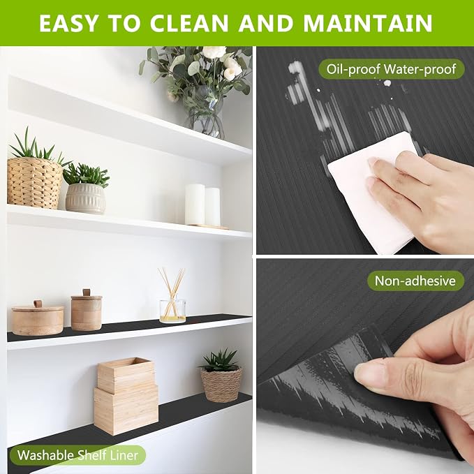 Shelf Drawer Liner for Kitchen Cabinets, Durable Pantry Shelving Liners for Tool Box Closet Refrigerator Non Stick Waterproof Plastic Cabinet Protector Liners Mat Washable, Black 11.8 x 393.7 inches