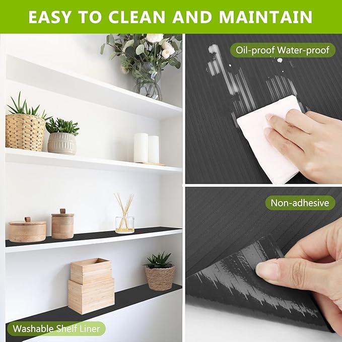 Shelf Drawer Liner for Kitchen Cabinets, Durable Pantry Shelving Liners for Tool Box Closet Refrigerator Non Stick Waterproof Plastic Cabinet Protector Liners Mat Washable, Black 23.6 x 157.5 inches