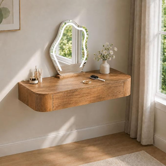 Floating Makeup Vanity Desk with Drawers Wall Mounted Makeup Table with Storage Fully Assembled Floating Vanity Desk Space Saving Modern Dressing Table for Bedroom Closet(Walnut,23.6")
