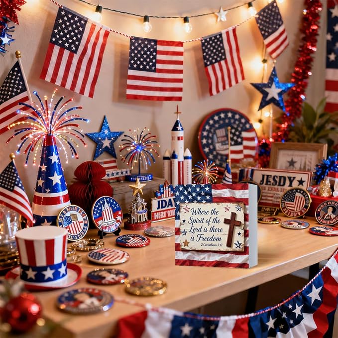Patriotic Wooden Box Sign,Where The Spirit Is There Is Freedom 4th Of July Signs Home Decor,Independence Memorial Day Block Sign for Desk Shelf Tabletop Decor