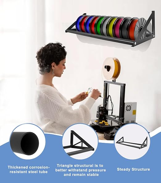 Wall Mount Filament Storage Rack- 22mm Thicken Wall Mount 3D Printer Filament Storage Shelf, 2 Tier Heavy Duty Metal Shelf for PLA/ABS/TPU Filaments Organized, 20pcs 1KG Printing Spool Holder