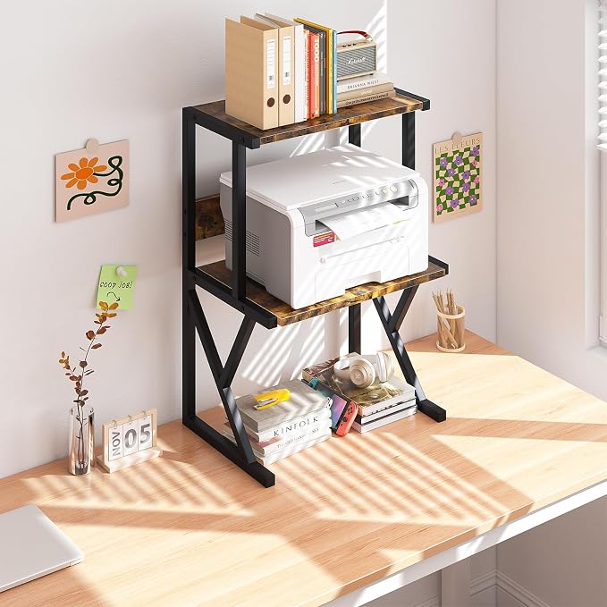 aboxoo Desktop Printer Stand with 3 Tier Wood Storage Shelves,Under Desk Printer Table,Multi-Purpose Home Office Desk Organizer for Fax Machine, Scanner (Brown)