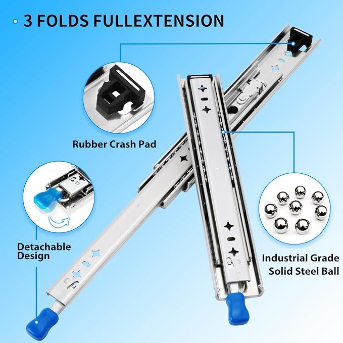 YENUO Heavy Duty Locking Drawer Slides Full Extension Runners with Lock 12 14 16 18 20 22 24 26 28 30 32 34 36 38 40 Inch Side Mount Ball Bearing Rails Track Glides 195 Lbs 1 Pair(W:53mm, 32 Inch)