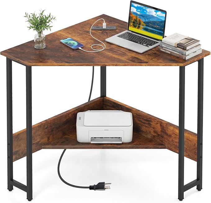 Giantex Corner Desk with Charging Station, 90° Triangle Computer Desk with Storage Shelf, Industrial Compact Writing Desk with Metal Frame for Home Office, Small Spaces & Bedroom, Rustic Brown