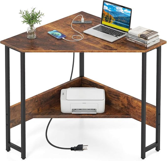 Giantex Corner Desk with Charging Station, 90° Triangle Computer Desk with Storage Shelf, Industrial Compact Writing Desk with Metal Frame for Home Office, Small Spaces & Bedroom, Rustic Brown