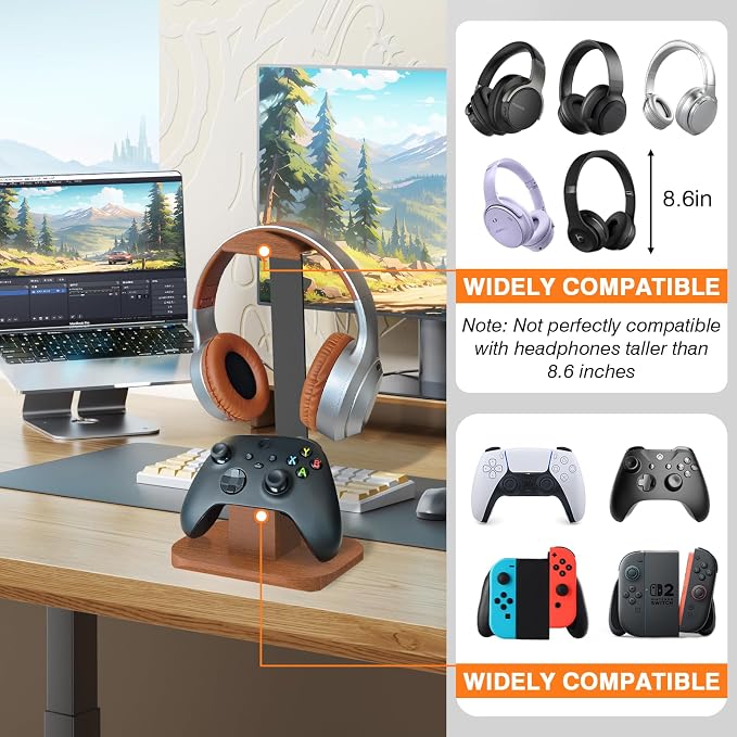 Walnut Headphone and Controller Stand, Desk Gaming Equipment Wooden Headset Controller Holder, Earphone Hook for Game Room Desktop PC Accessories, Gamer Gifts