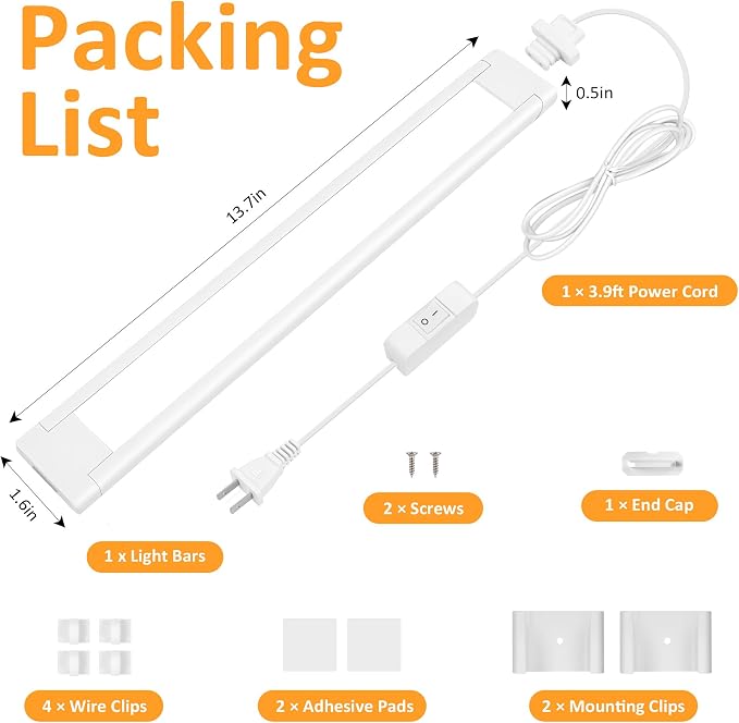 maylit Under Cabinet Lighting Plug in, 14 Inch Linkable Ultra Bright LED Light Bar, Renter Friendly Lamp, Wired 110V 120V Indoor Lights for Kitchen Cabinet, Counter, Workbench, Desk, Shelf, Warm White