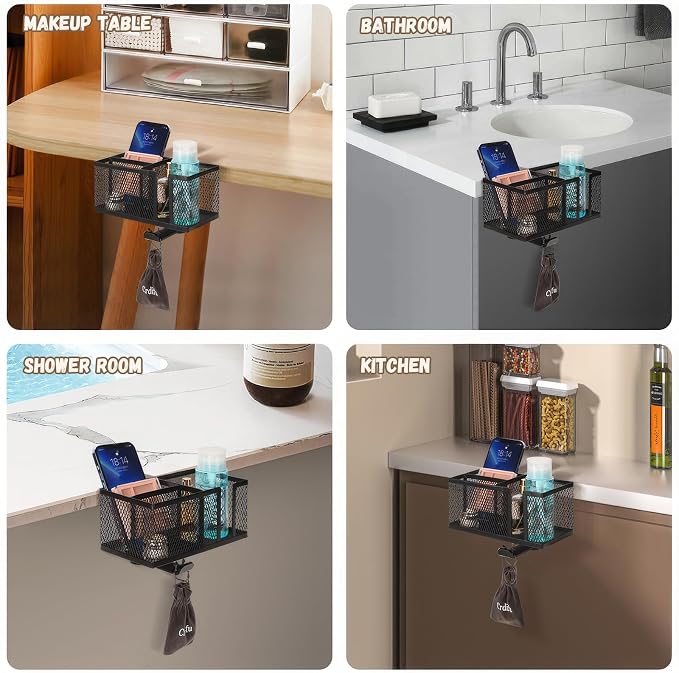 Multi-Function Desk Cup Holder with Headphone Hanger, 3 in 1 Caddy Organizer for Salon Chair, Bedside, Desk or Table - Sturdy Anti-Spill Drink Holder for Water Bottles, Coffee, Bag (Black)