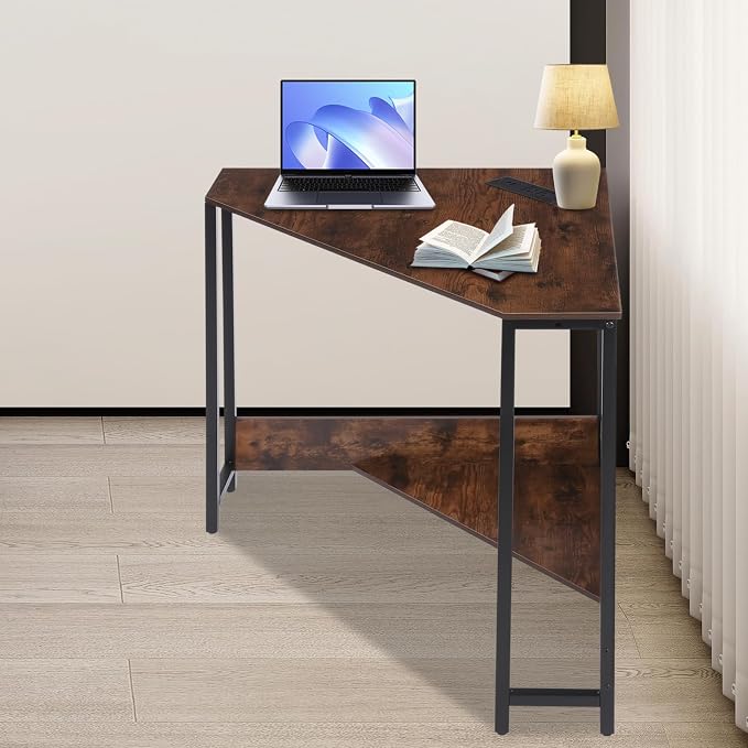 Corner Computer Desk, 26.77 Inch Triangle Small Space Desk with Outlets and Power Cord, Modern Writing Workstation, Corner Storage Table for Office, Home, Design Studio, Study Room (Brown)