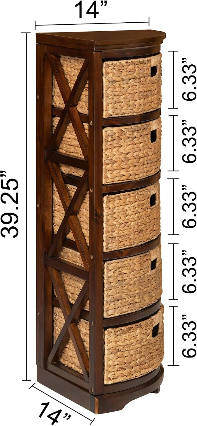 eHemco Hampton Meadows 5 Tier X-Side Corner Storage Cabinet with 5 Wicker Baskets, Walnut