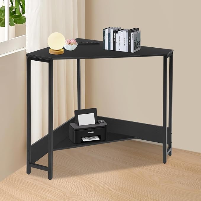 Corner Small Desk with Outlets, Triangle Desk with Storage, for Small Space Home Office, Workstation, Living Room, Bedroom (Black)